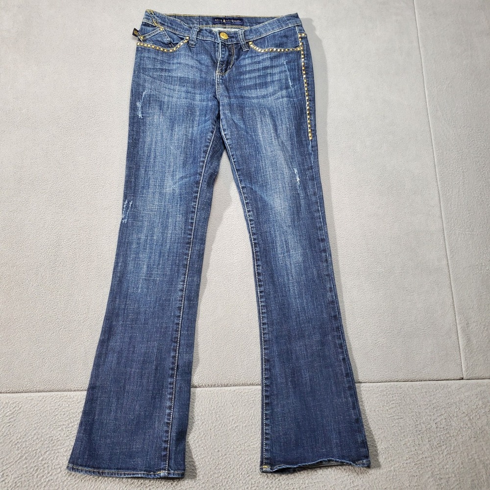 Rock & Republic Jeans Kasandra Womens 8 Blue Studded Embellished Flare Embroider